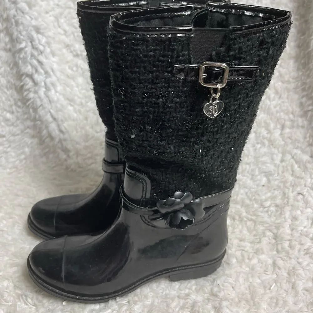 Stuart Weitzman girl Waltz Black mid calf rain boots glitter accent size 3